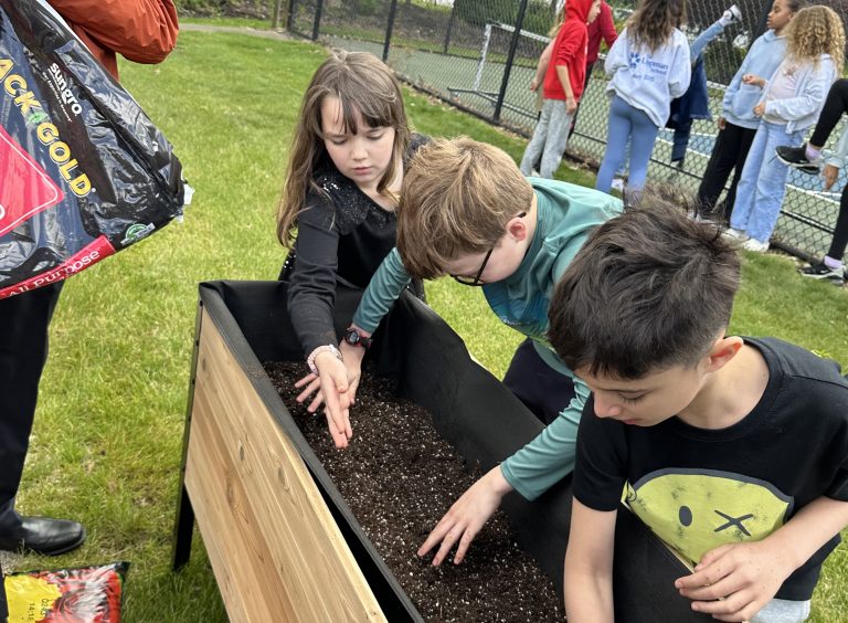 Students preparing raised bed