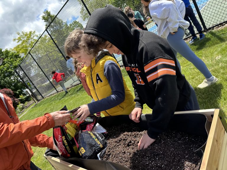Students preparing raised bed